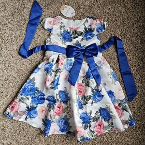 BUNNY LULU SIZE 110 (4-5yrs) LITTLE GIRLS FLOWERED DRESS (Lined) BLUE/PINK/WHITE